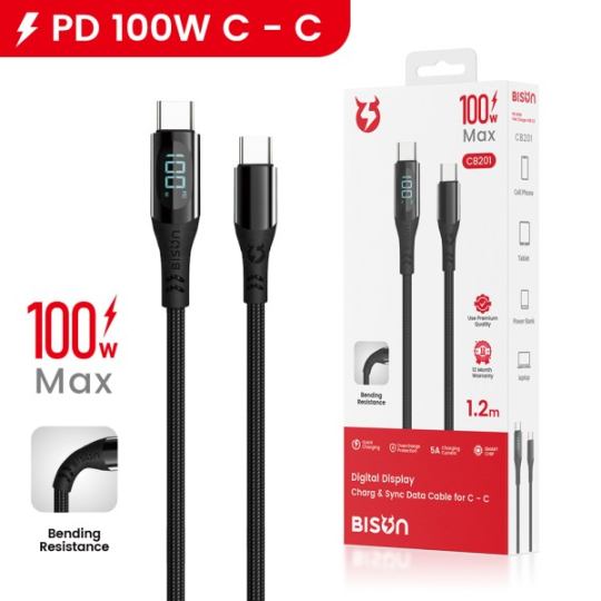 Cáp Sạc Nhanh Bison CB201 100W – Màn Hình LED Thông Minh, Siêu Bền, Hỗ Trợ Điện thoại, Máy tính bảng, Laptop