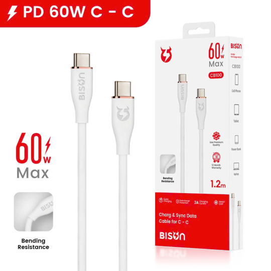 Cáp Sạc Nhanh Bison CB100 Màu Trắng Type-C to Type-C 60W 1.2m – Bền Bỉ, An Toàn, Sạc Nhanh Mượt Mà